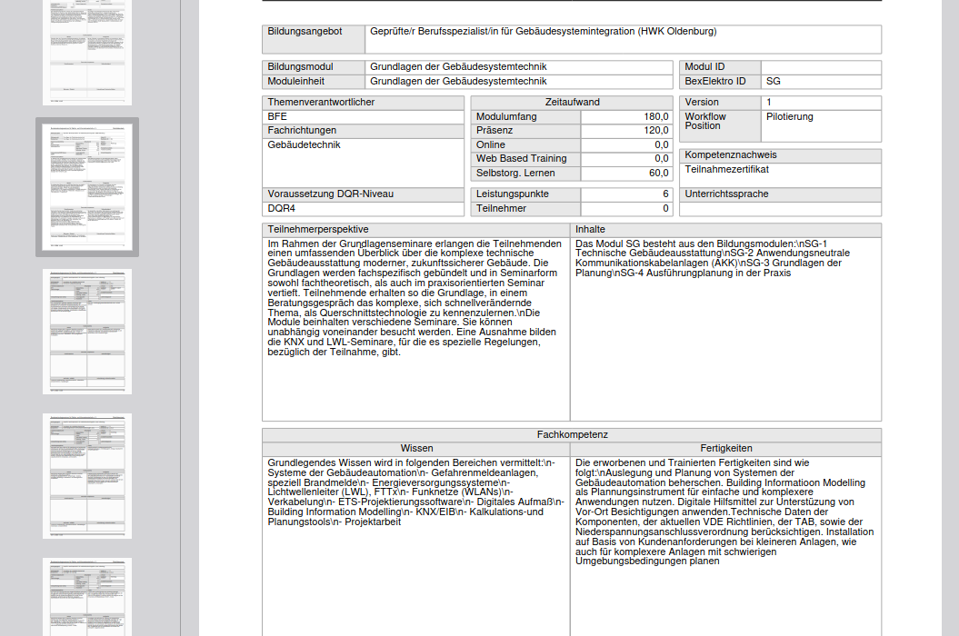 Moduldatenbank Auszug Modulhandbuch